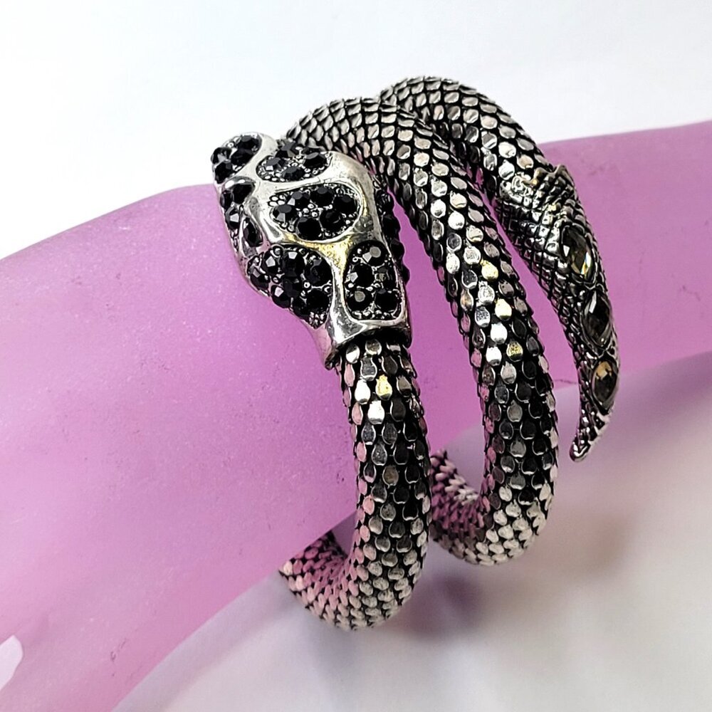 Black and Clear Rhinestone 3 Coil Serpent SIlver Snake Bracelet